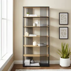 79" Modern 6 Shelf With Metal Bar Bookcase Coastal Oak/Black - Saracina Home -Saracina Home GUEST 03b6b14d 2b21 499f 860f 2782f5320208
