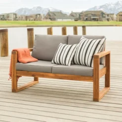 Galia Square Leg Acacia Wood Patio Loveseat With Cushions - Brown - Saracina Home -Saracina Home GUEST 0cc2d0f3 47e5 4caf 8193 f03c8bb693e4