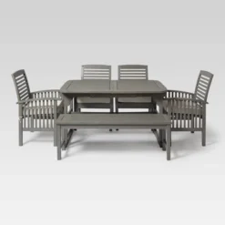 Ravenscroft 6pc Acacia Wood Patio Dining Set With Bench - Gray Wash - Saracina Home