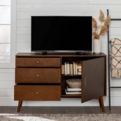 Mid-Century Modern With Closed Storage TV Stand For TVs Up To 58" Walnut - Saracina Home -Saracina Home GUEST 272c04f3 ea07 453c 9824 8666892ac8d7