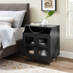 Fluted Glass Double Door Nightstand With USB Port - Saracina Home -Saracina Home GUEST a616d72a 530d 4ed9 b82d 9d5a0295fb38