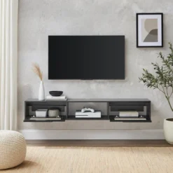 Modern Boho Floating TV Stand For TVs Up To 65" With Rattan Doors - Saracina Home -Saracina Home GUEST a9acb95c 4370 4480 9e6d 4d67adf30248