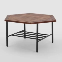 Saybrook Modern Metal And Wood Patio Hexagon Coffee Table - Dark Brown - Saracina Home -Saracina Home GUEST aa3b7989 fc19 47ae 8c0b d2f6279675a2