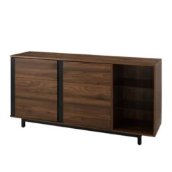 Shing Modern Striped Door 60" Sideboard With Glass Shelves Dark Walnut - Saracina Home -Saracina Home GUEST c2654c8f 47e3 4a2c 9024 8bb7c4e80d42