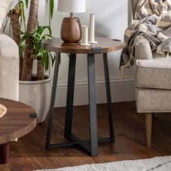 Set Of 2 Wrightson Urban Industrial Wrap Leg Round Side Tables Dark Walnut - Saracina Home -Saracina Home GUEST d2f8f451 1409 4e8a 8656 658b9955e83a