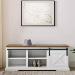 48" Transitional Sliding Barn Door Wood Bench White/Rustic Oak - Saracina Home -Saracina Home GUEST e41a4a30 a485 4b73 8d3c 341bfba78996